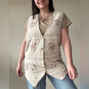 Vintage Embroidered Floral Button-Front Cotton Vest